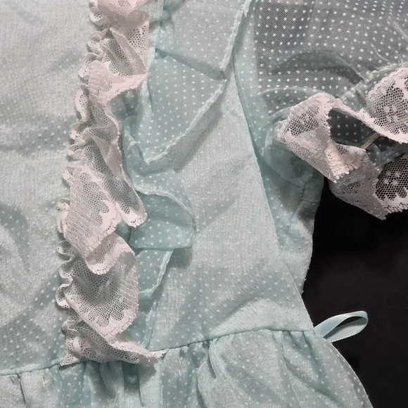 Vtg Mini World Baby Girl Dress Suiss Dot Sheer Ruffle Lace Lt Blue USA